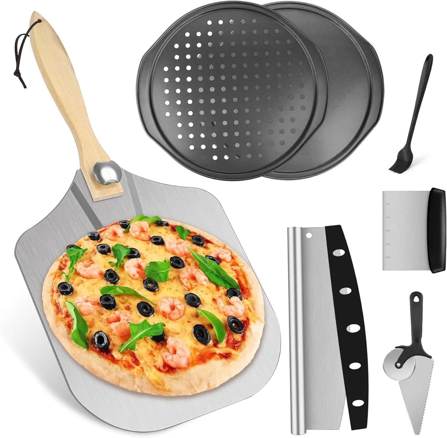 Set di 7 Utensili per Pizza con Pala in Alluminio, Teglie Antiaderenti, Tagliapizza e Pennello per la Cottura