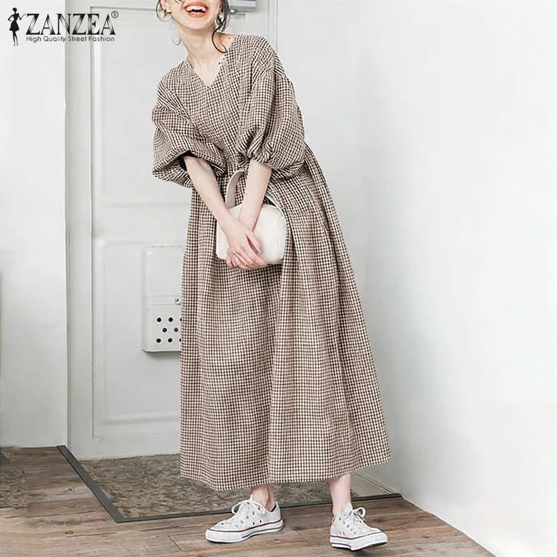 2025 ZANZEA Estate Plaid Maxi Women's Dresses Stylish V-neck Sleeve 3/4 Work Dress Summer Dress Elegant Long Dress Trained Caftano Dress