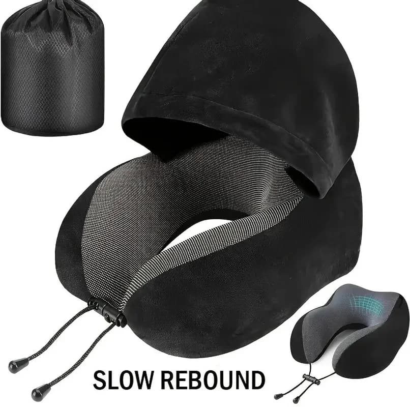 Cuscino da Viaggio a U in Memory Foam con Cappuccio e Fodera Staccabile, Supporto Portatile per il Collo per Aereo, Ufficio, Auto e Casa