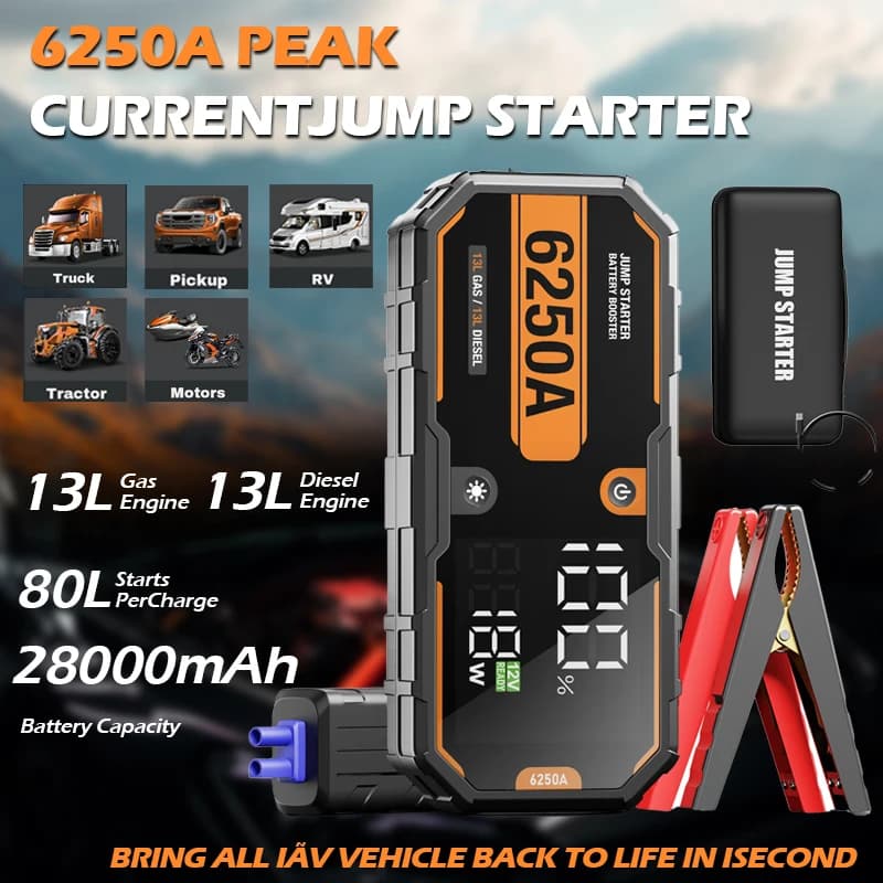 6250A batteria per auto Jump Starter 12V Pro Booster portatile PD65w 26000mAh batteria per auto 13L per dispositivo di avviamento Booster per auto di emergenza