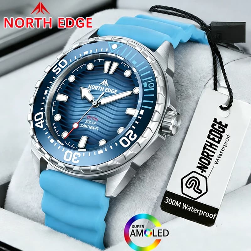 NORTH EDGE TRITON Orologio subacqueo ad energia solare per uomo Orologi da polso al quarzo di lusso Cassa in acciaio inossidabile 316L Impermeabile fino a 300 m Nuovo