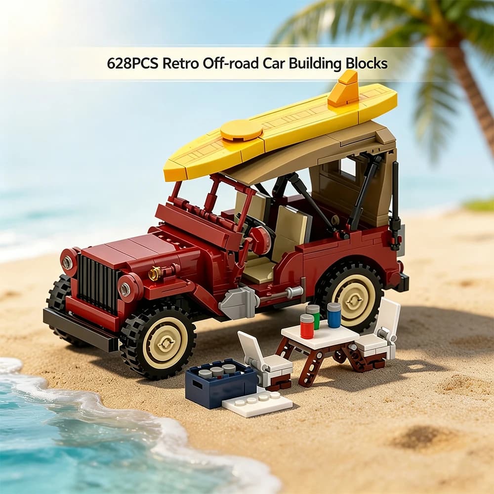 628PCS Retro Off‑road Car Model Building Blocks DIY Assembly Desktop Ornament With Surfboard Toy Birthday Gift
