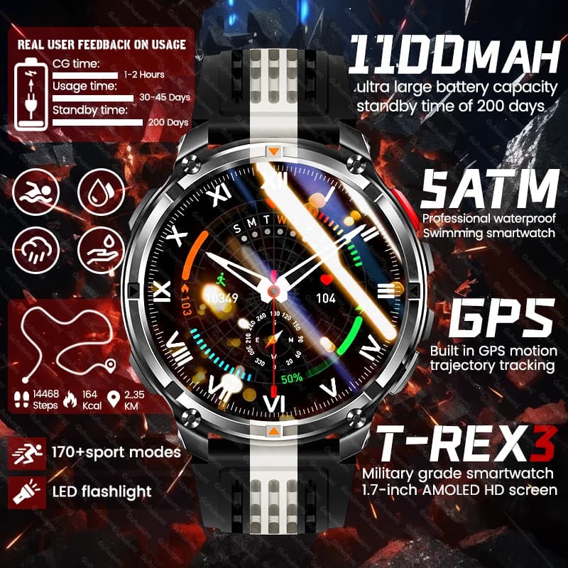 Nuovi Uomini Militari T-Rex 1100mAh Batteria di Grandi Dimensioni Smart Watch Torcia Elettrica Esterna GPS 5ATM Sport Impermeabile Chiamata Bluetooth Smartwatch