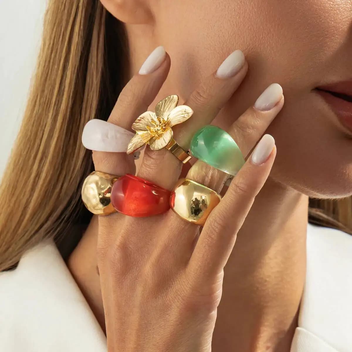 Salircon 6 Pz/set Resina Colorata Acrilica Grossa Anello di Barretta Fascino Alla Moda Geometrica Fiore di Metallo Knuckle Anello Mano Gioielli Regalo