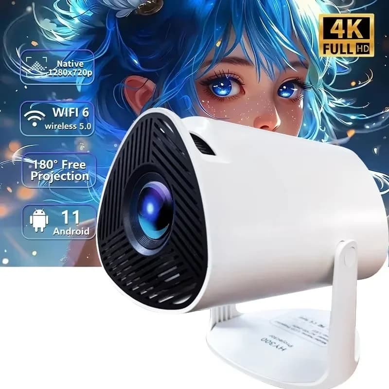 Proiettore Smart Portatile Mini HY300 con Sistema Operativo Android 11.0, WiFi 6 e 5.0, 180 ° Mini proiettore ruotabile per home theater, streaming