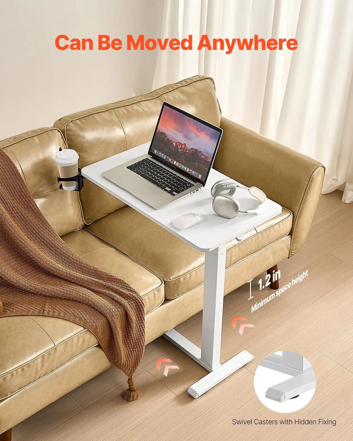 Tavolino da letto, tavolino mobile da comodino con 4 ruote nascoste, scrivania per laptop regolabile in altezza con portabicchieri, portatile