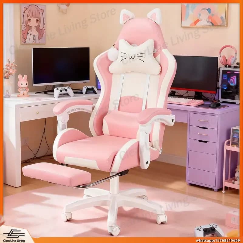 Ergonomic Gaming Chair with Cat Ears Lumbar Support Adjustable Headrest Footrest 360° Rotation Manual Reclining Iron Frame