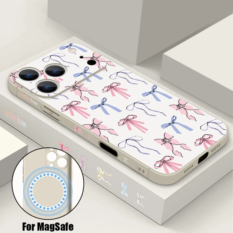 Custodia per telefono con motivo a fiocco a nastro per iPhone 17e 17 16 15 14 13 Pro Max 16e, magnetica per ricarica wireless MagSafe, morbida con cordino