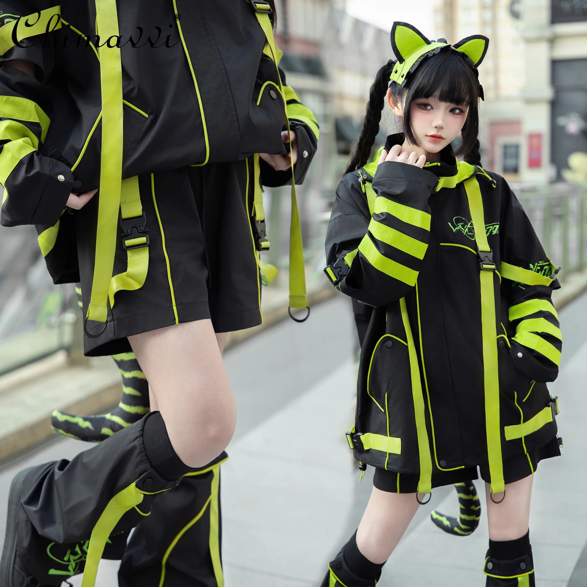 Stile funzionale Cos giapponese New Sweet Cool Girl Cat Ear Giacca con cappuccio Giacca a maniche lunghe Pantaloncini e pantaloni Abiti da donna 2D