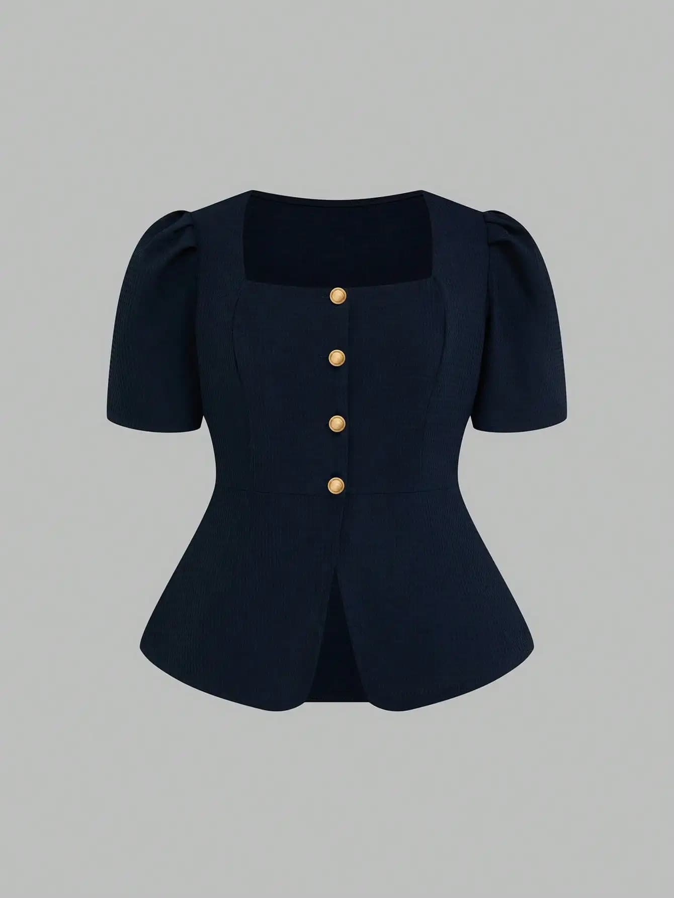 Elegante Camicetta da Donna in Tessuto Waffle a Maniche Corte con Scollo Quadrato e Maniche a Sbuffo con Peplum