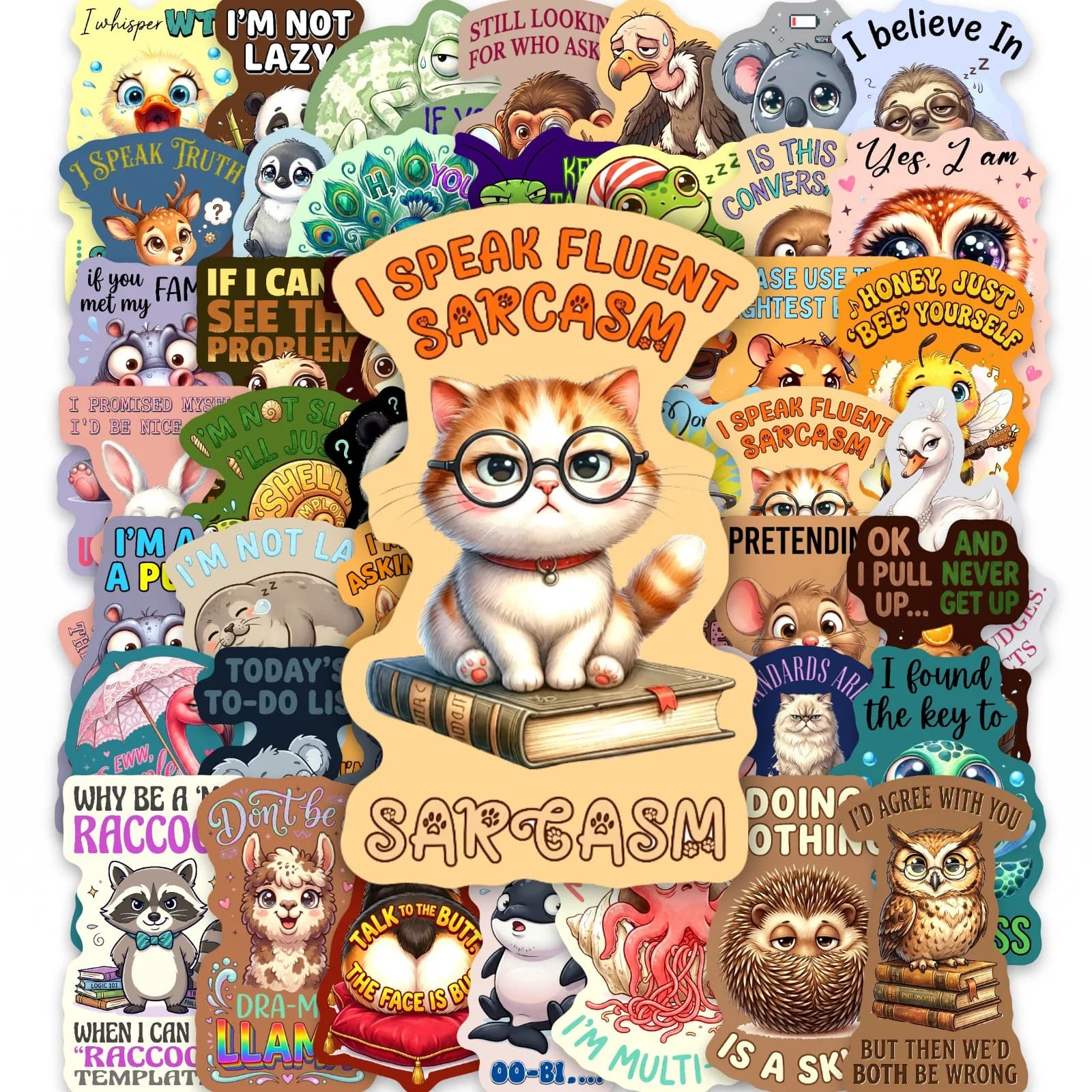 50 Pezzi Adesivi Divertenti con Animali Cartoon Inglesi per Studenti, Decorazione per Telefono, Cartelle, Scatole di Cancelleria, Skateboard, Casco, Decalcomanie in Vinile