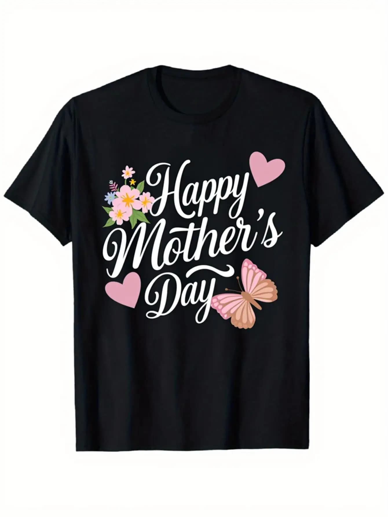 Maglietta Happy per la Festa della Mamma, design con farfalle e fiori, t-shirt casual nera a maniche corte, regalo creativo per la Festa della Mamma per le donne