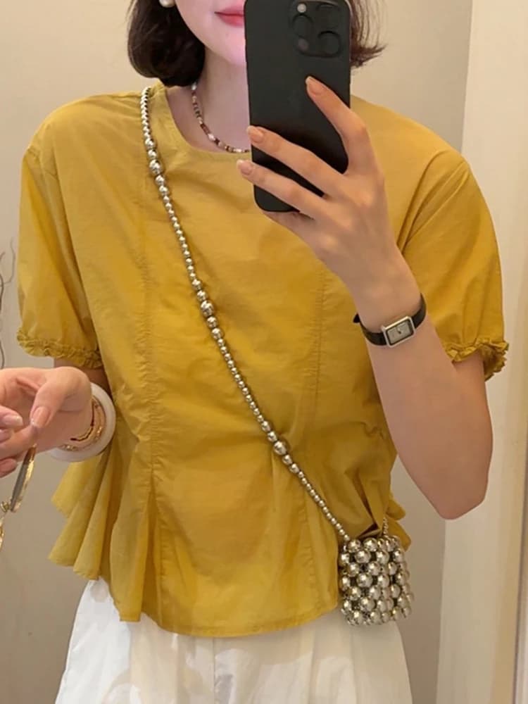 Korean Style round Neck Bubble Sleeve Shirt Women's Summer New Fashion Elegant Versatile Short Sleeve Blouse Floral Lace Trim