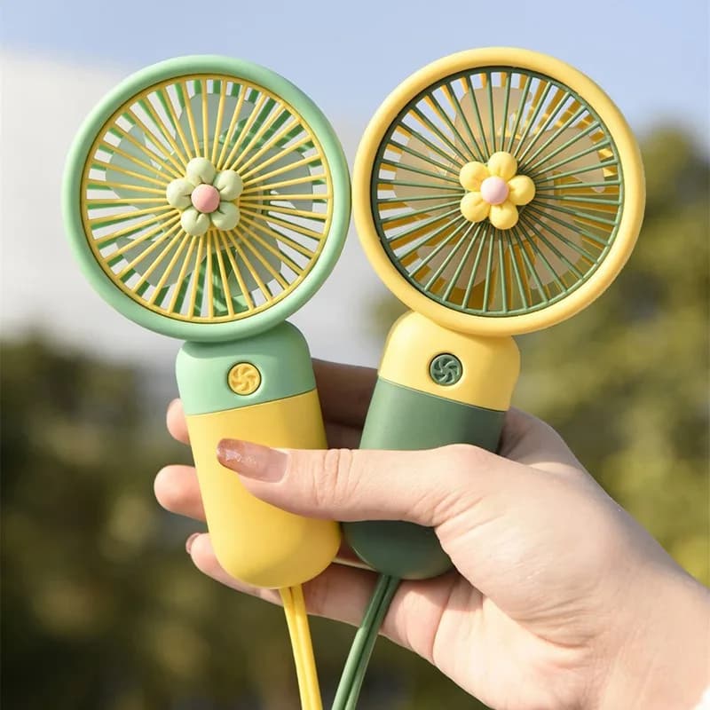 Cute Flower Mini Handheld Fan USB Rechargeable Portable Pocket Desktop Fan Small Cooling Fans with Lanyard for Summer Travel