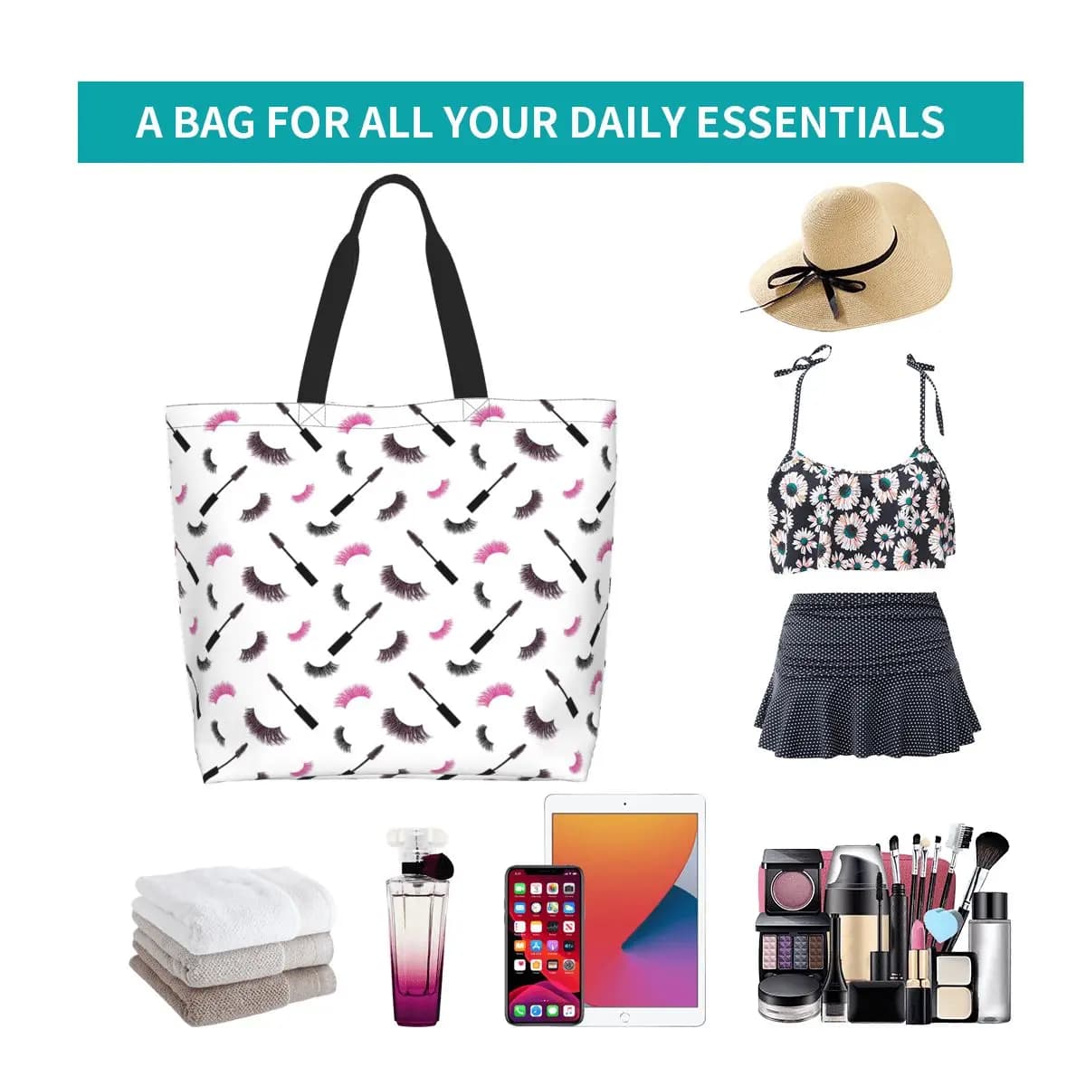 Lashes And Mascara With Pink Glitter Pattern Shopping Tote Bag Canvas Shoulder Bags Shopper Grocery Handbag for Women