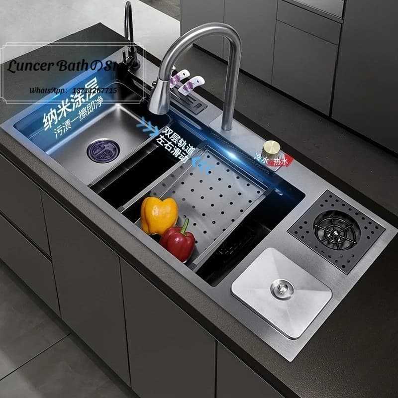 Stainless steel single bowl sink with trash can