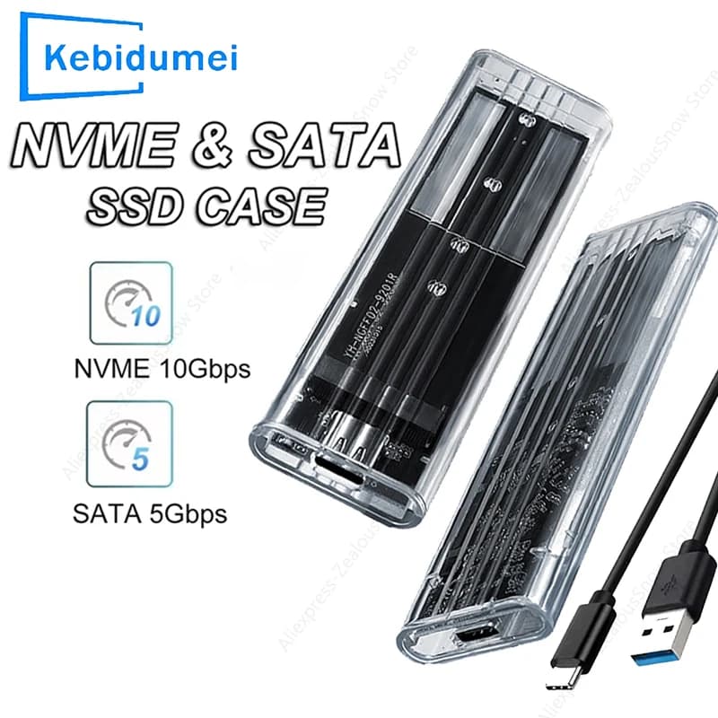 Case esterno trasparente USB Type-C 5/10Gbps per SSD M.2 NVMe PCIe NGFF SATA - Box disco rigido trasparente