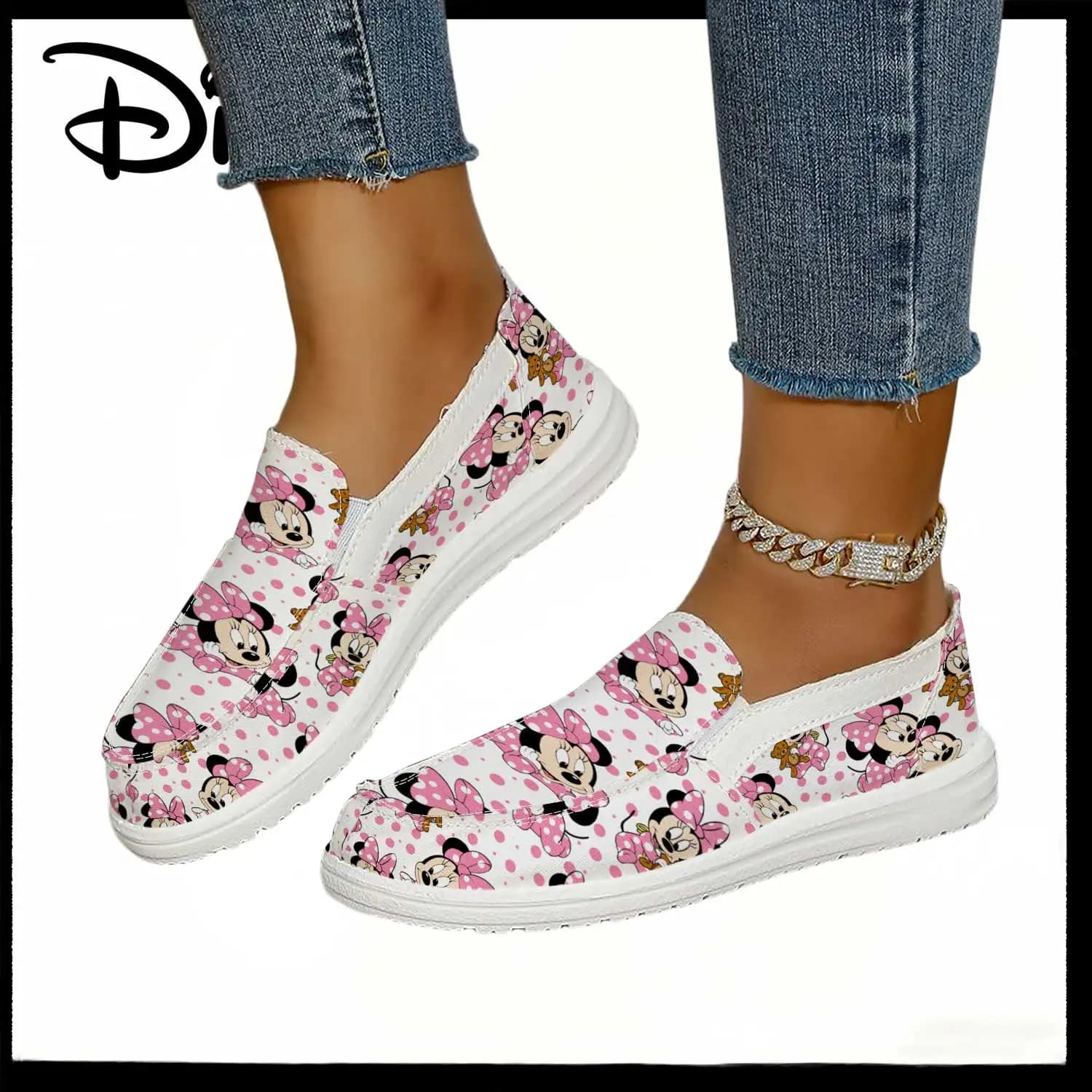 Sneakers slip-on Disney Minnie Mouse con stampa a pois bianche e rosa – Scarpe casual comode da donna