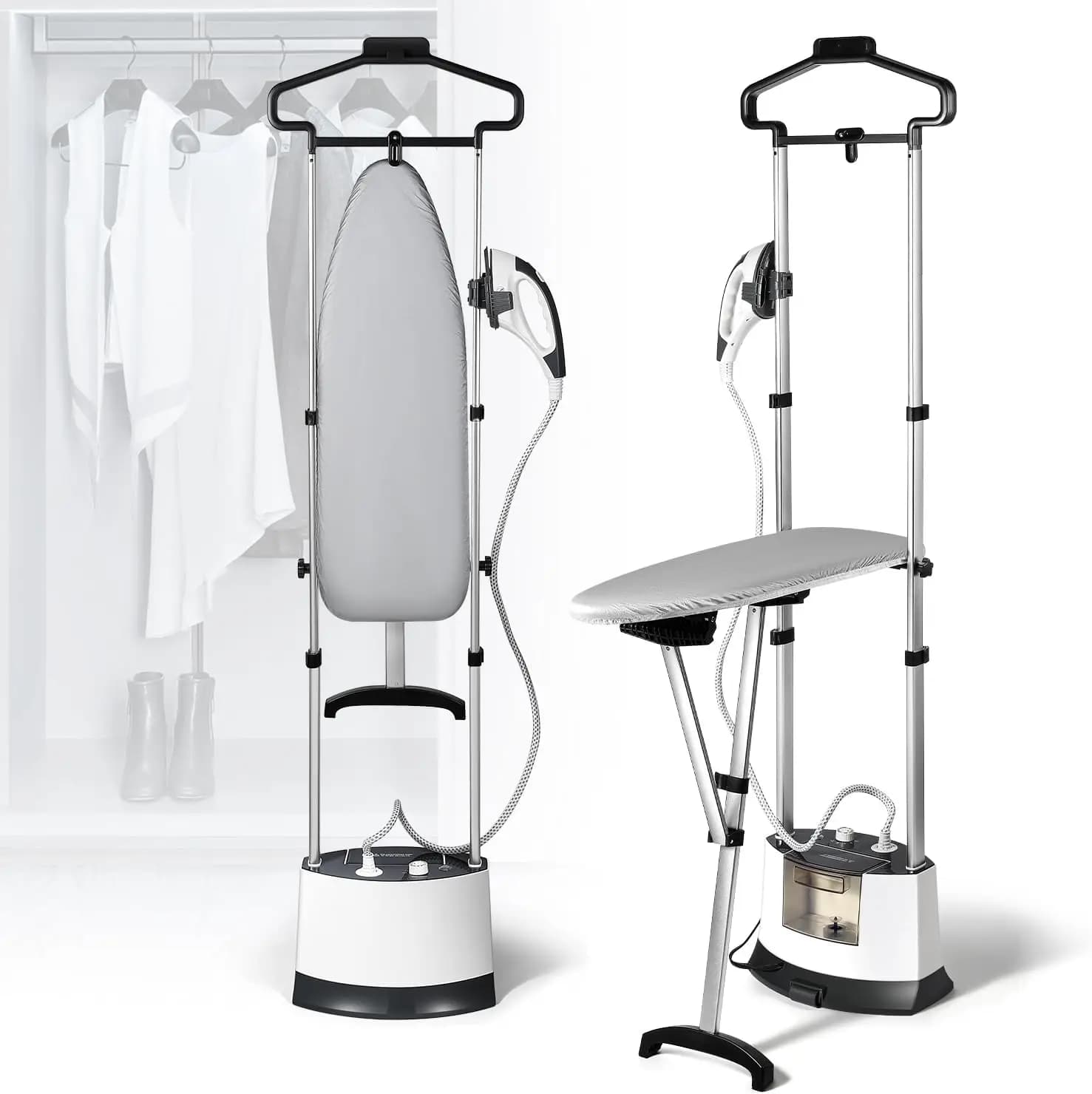 Standing Garment Steamer, 1500W Upgraded Steamer for Clothes Rapid Heats in 25s for 1 Hour Steam, 1.6L Water Tank, Self-Cleaning