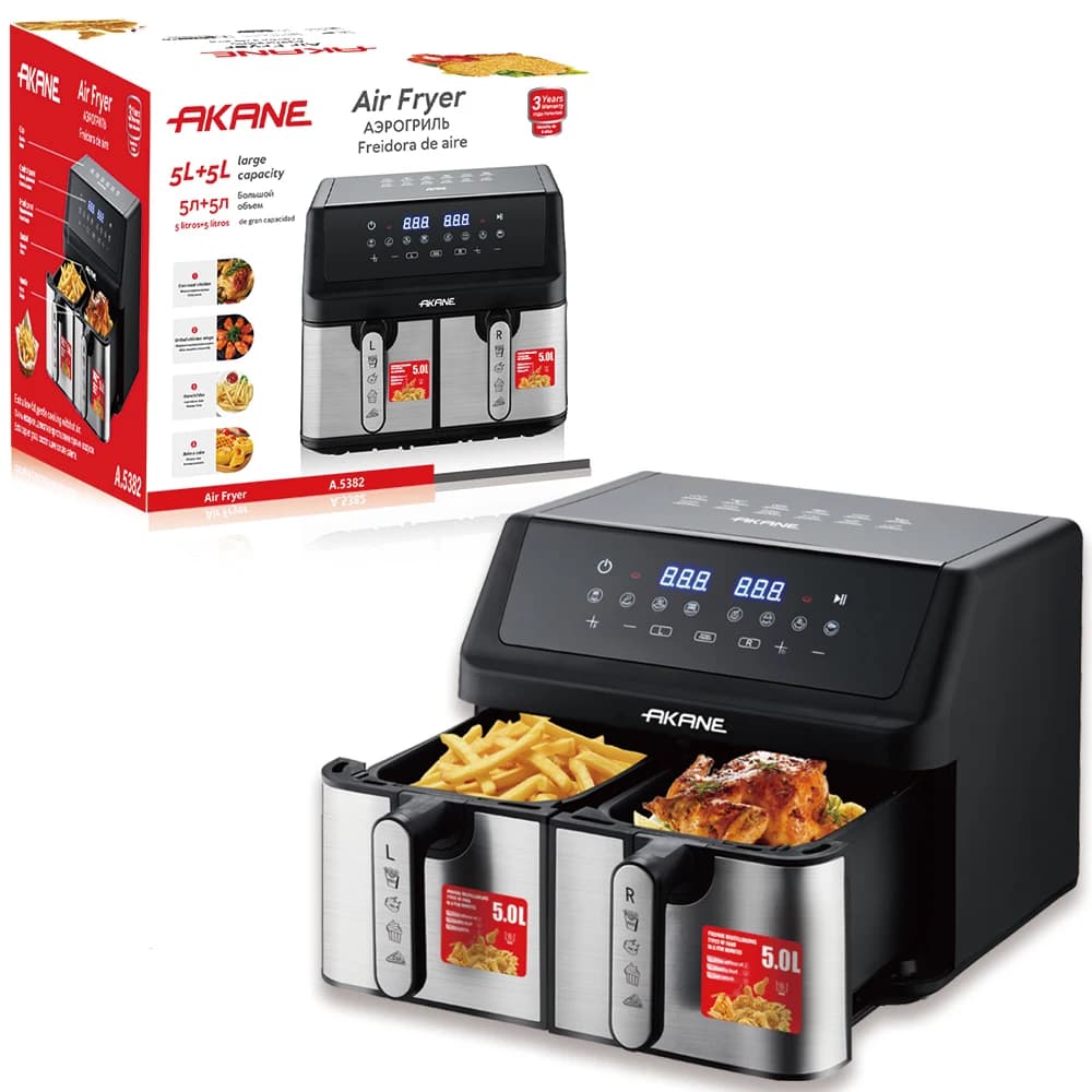 Friggitrice ad Aria Digitale da 2000W 10L con Doppio Cestello e Touch Screen 360 ° Design per la circolazione dell'aria