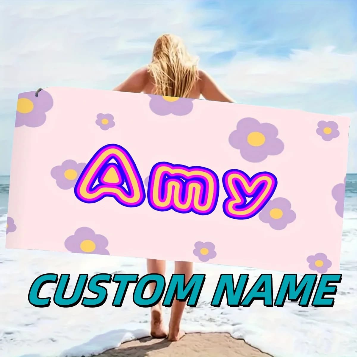 Asciugamano da spiaggia personalizzato Nome personalizzato Design elegante Coperta da spiaggia leggera Asciugamani da bagno ad asciugatura rapida Regalo per le vacanze da viaggio