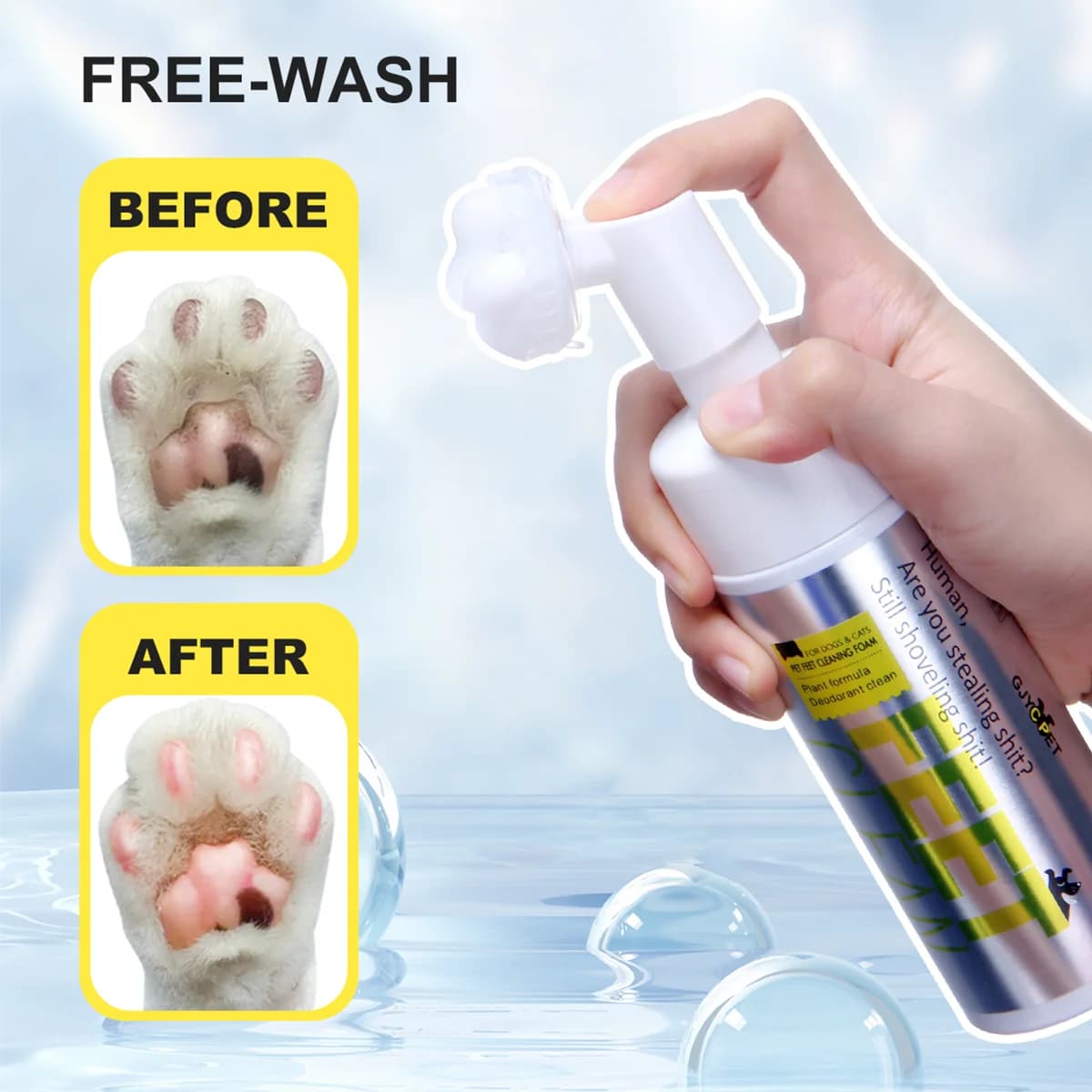 Detergente schiumogeno per zampe di animali domestici, shampoo senza acqua, senza risciacquo, pulizia profonda e deodorante con spazzola morbida, delicato e non irritante per cani e auto.
