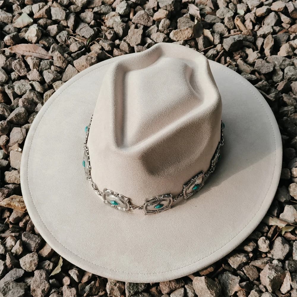Classic Beige Suede arrow crown Hat Turquoise Concho Belt fedora suede wide brim Casual wholesale unisex chapeau sombrero hombre
