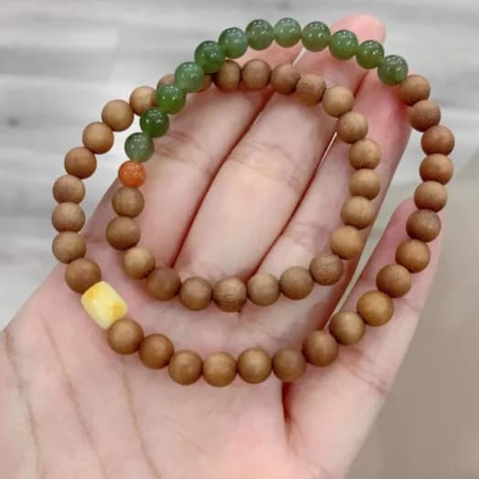 Hetian Jade Lake Green, Laoshan Sandalwood, Beeswax & South Agate Double-loop Couple Prayer Bracelets (Gifts)