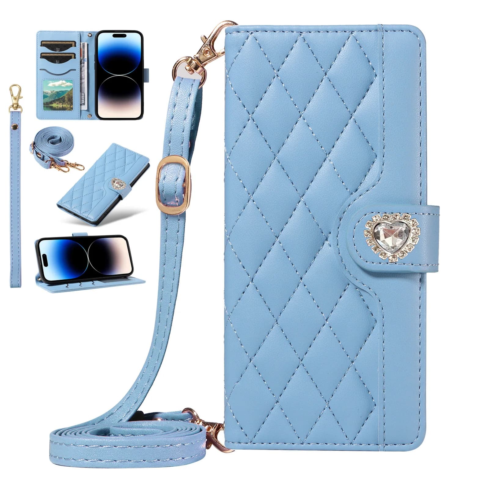Custodia a Portafoglio in Pelle con Fibbia a Diamante e Tracolla per Vivo Y300T Y200E Y200i Y200 Y78 Y77 Y75 Y55 Y39 Y38 Y36, con 3 Scomparti per Carte