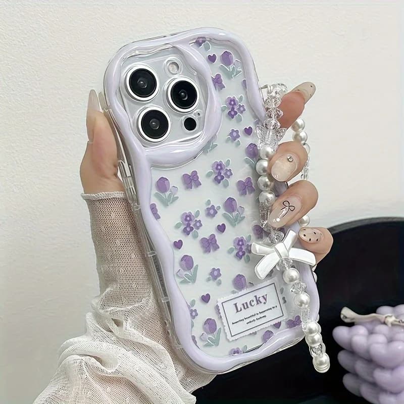 Coquette Purple Bow Phone Case For iPhone 17 16 Pro Max 14 13 16 Plus 12 11 Pro 15 ProMax With Lanyard Wavy Edge Clear TPU Cover