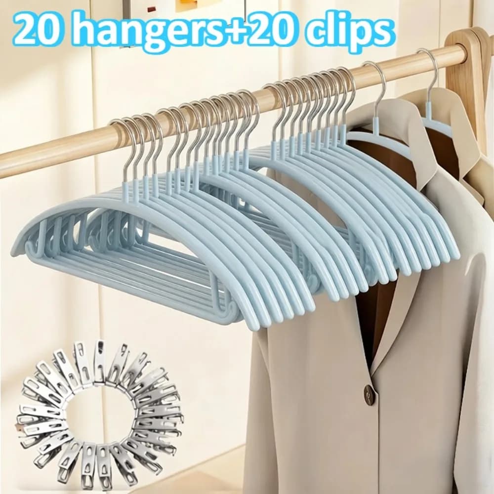 20pcs Non-Slip Hangers with 20 Metal Clips,Anti-Shoulder Bump Arc Design Trouser & Clothes Hanger Set for Laundry Closet,Hangers