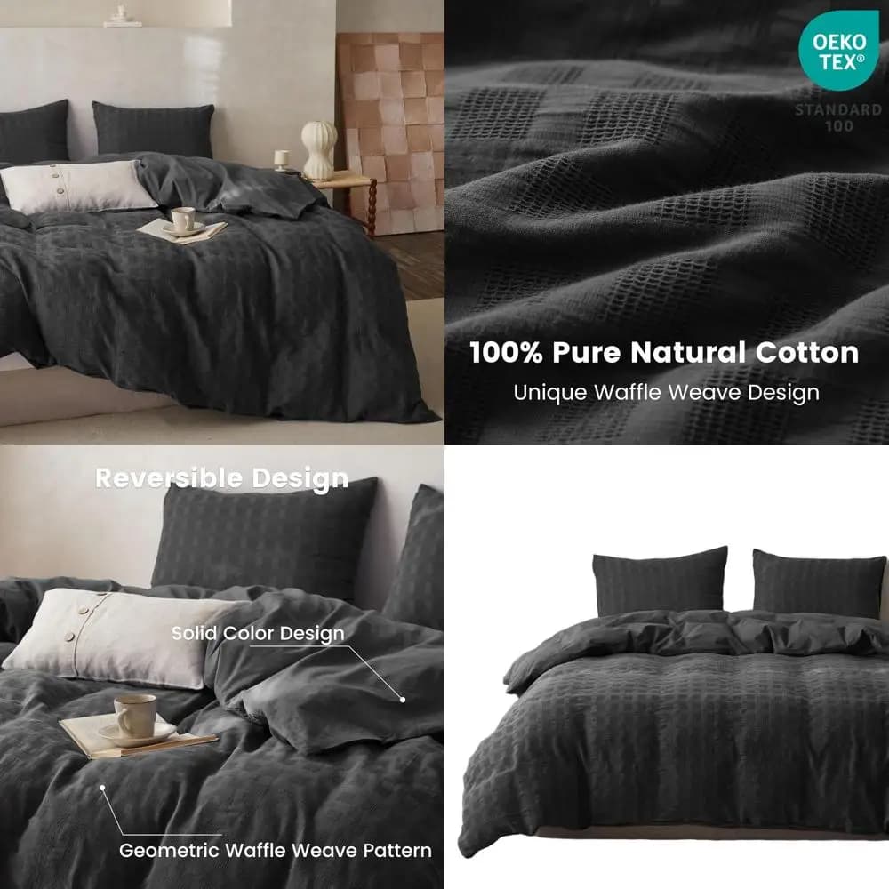 Set cotton cover with grey anthracite waffles fabric, 3 pieces, Queen, reversible, breathable and soft for annual use