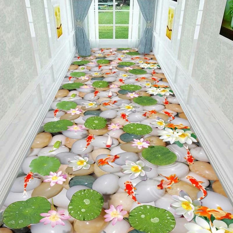 VIKAMA 3D Stream Floral Koi Runner Rug Non Slip Waterproof Carpet for Hall Entry Bedroom Indoor Floor Decor