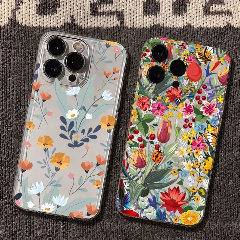 Case For iPhone 16 Cases iPhone 16E 15 11 14 17 Air Pro Max 12 13 15 Plus Transparent Oil Paint Flower Shockproof Phone Cover