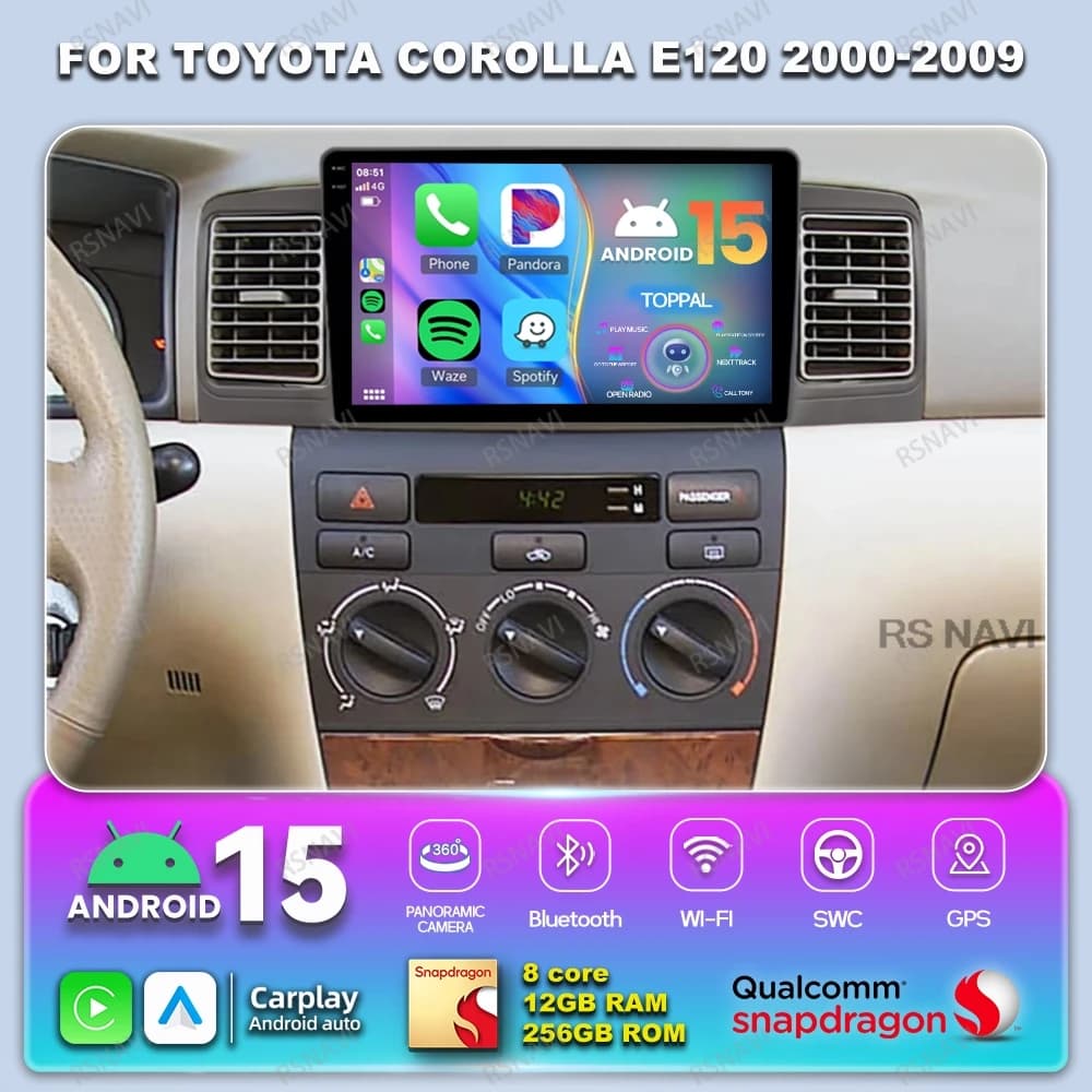 Android 15 Autoradio for Toyota Corolla E120 2000-2009 QLED Viedo DVD player Wireless Carplay Car 5G WIFI DSP GPS BT