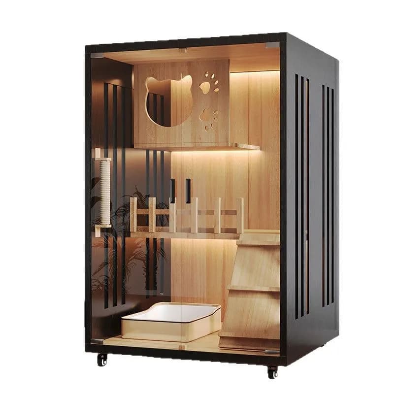Luxury Wooden Cat Villa, Indoor Cat House with Panoramic ViewCondo and Climbing Frame, Multi-Level Tree for Home Use