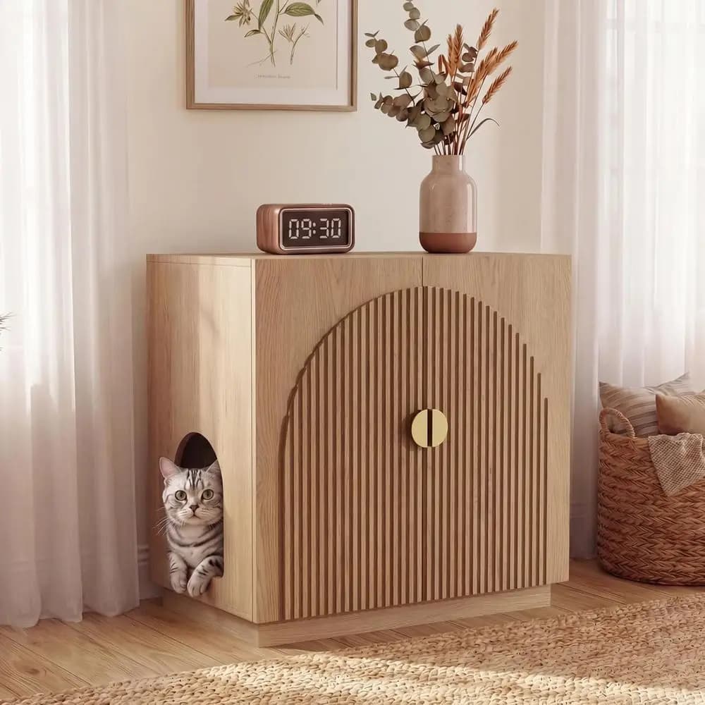 Elegant Hidden Cat Litter Enclosure with Storage, Curved Accent Sideboard in Natural Finish