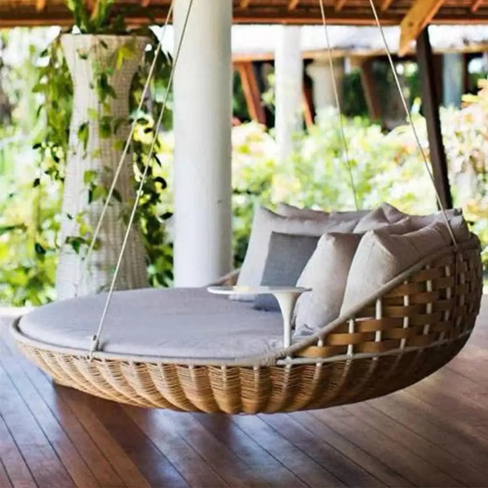 Lettino Sospeso da Esterno Rotondo in Vimini e Rattan, Letto a Dondolo, Divano da Giardino, Grande Amaca, Sedia a Sdraio con Cuscino Impermeabile