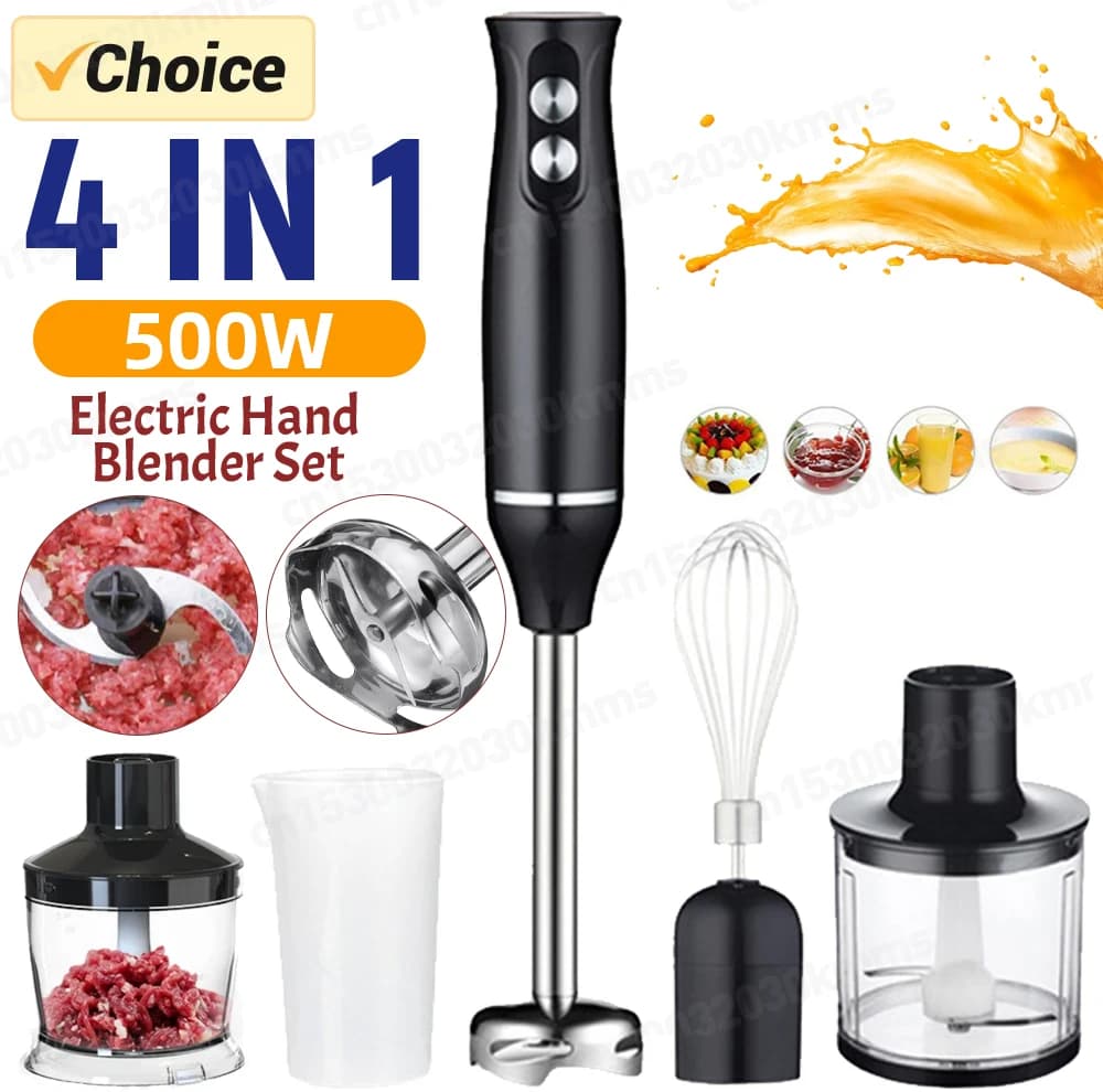 Electric Dive Blender 500W 4 in 1 with 700ml stainless steel blades, Verdure Blend Set, Meat, Eggs and Succhi
