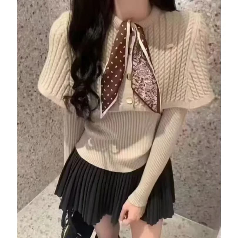 Maglione lavorato a maglia in stile coreano con nappe e laccetti, set coordinato maglia e gonna, moda donna autunno inverno, caldo, a maniche lunghe