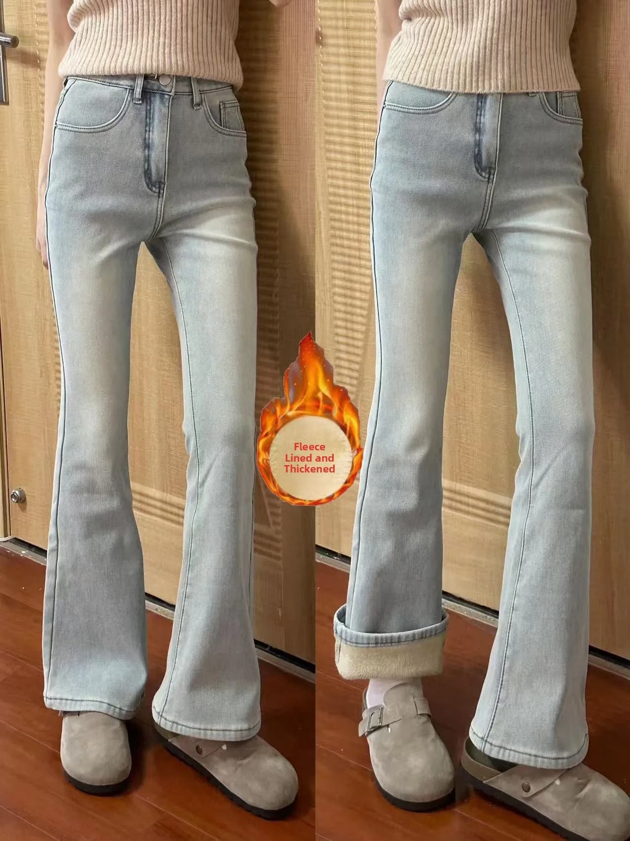 Light Blue Fleece Lined Bootcut Jeans Women's High Waist Washed Denim Pants Winter Warm Tapered Capri Crop Flared Jeans