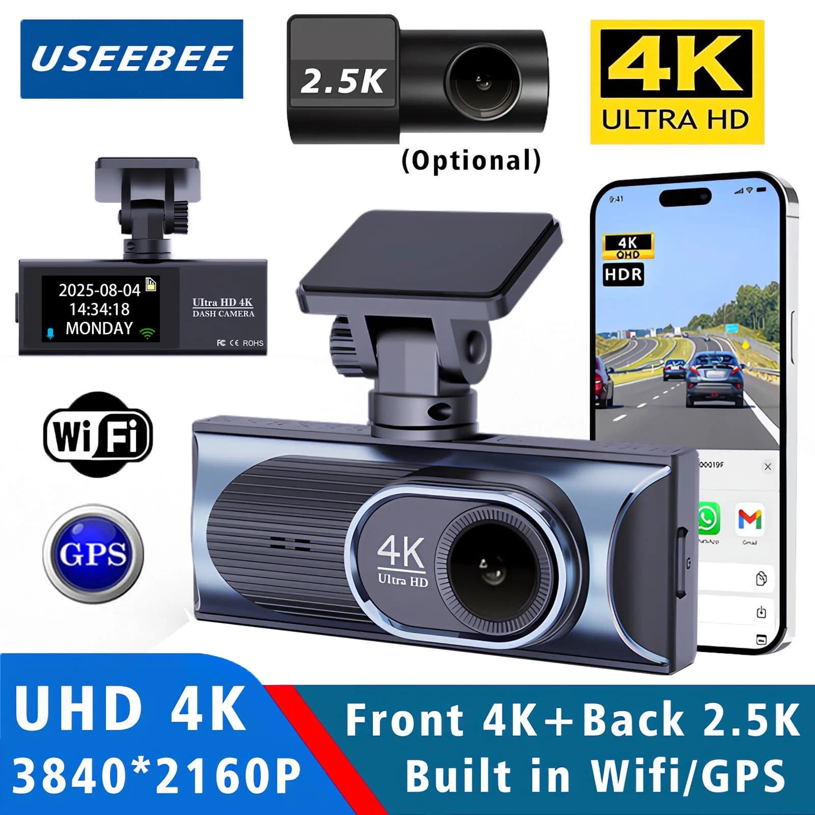 Ultra HD 4K 3840*2160P Dash Cam 24H Monitoring Car Parking DVR Optional 2.5K Night Vision Camera GPS Rear WiFi APP Control