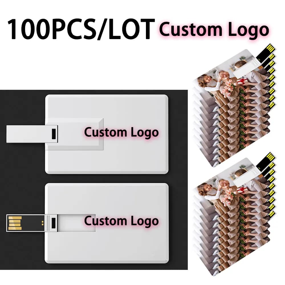 100 pezzi di chiavette USB a forma di carta di credito con memoria da 4GB 8GB 16GB 32GB 64GB 128MB, USB 2.0, logo personalizzato gratuito per regalo.