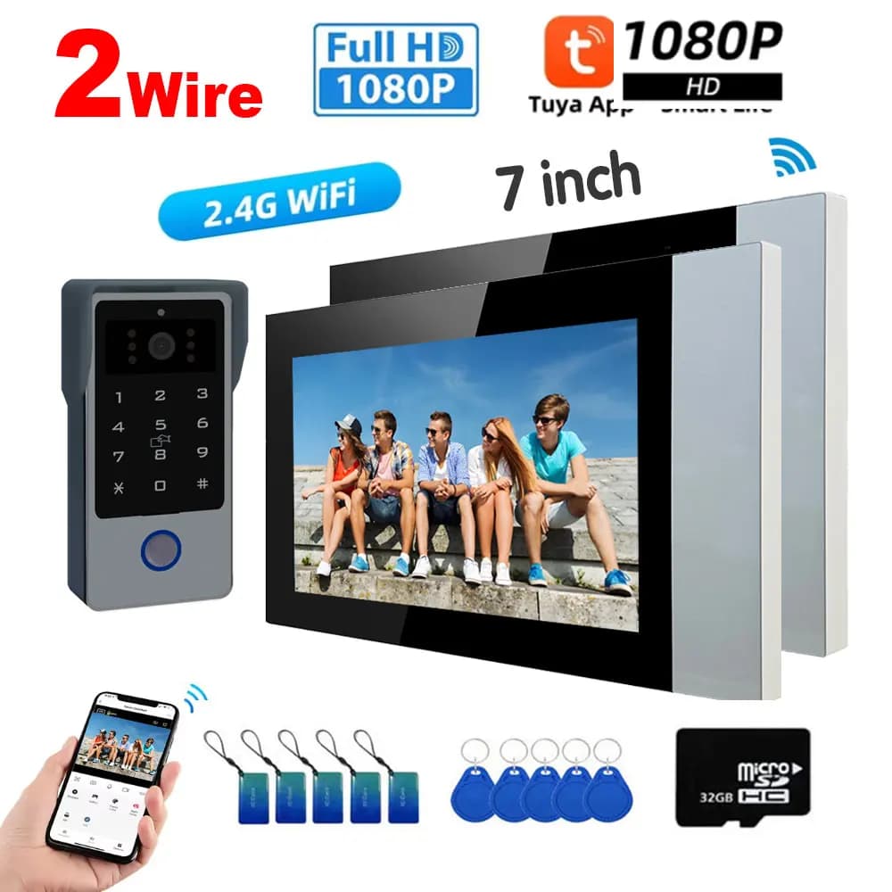 Videocitofono WiFi Tuya Smart a 2 fili con schermo a colori da 7 pollici, 2 pezzi, con sblocco tramite password e scheda IC, sistema di sicurezza e interfono.