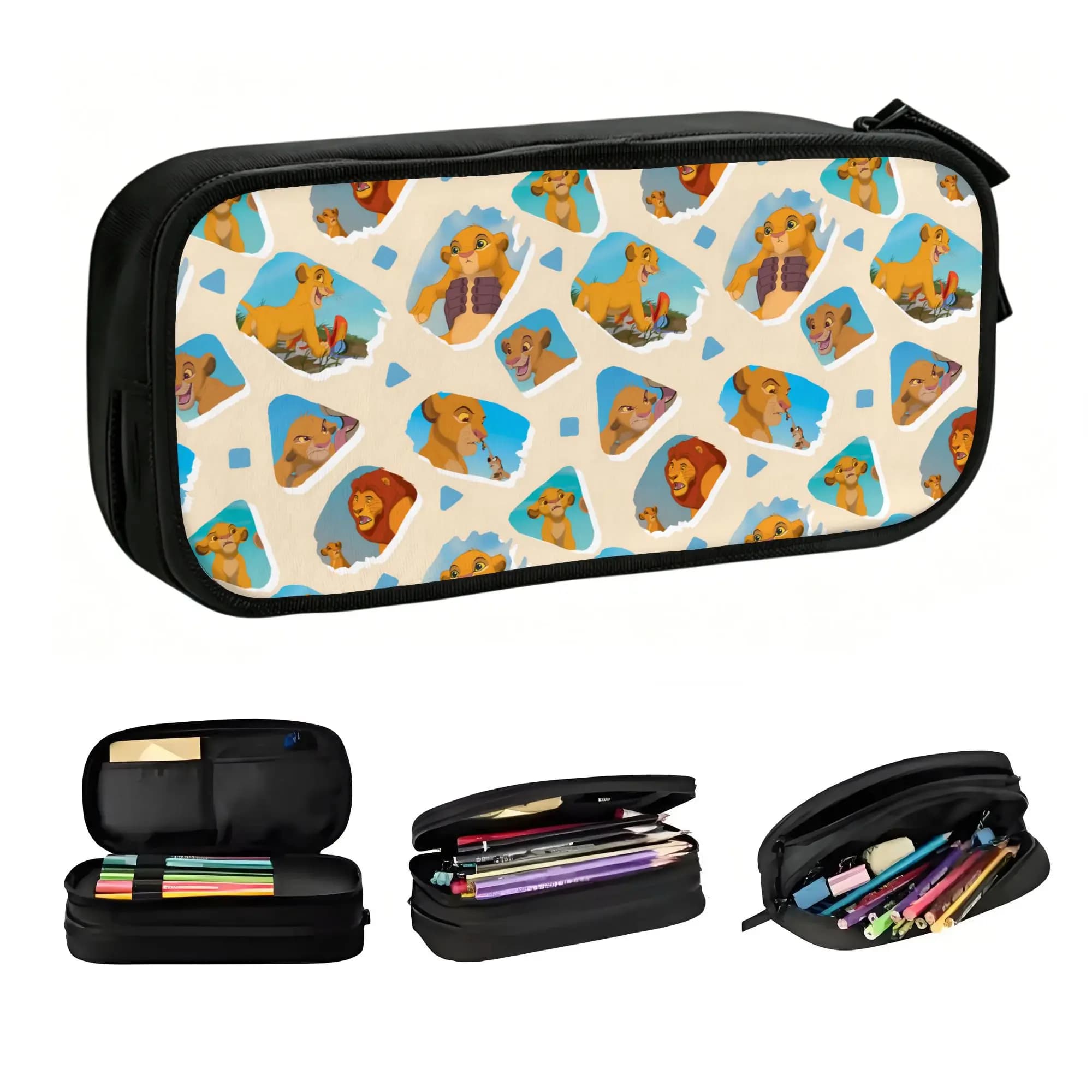 Liones Anime Kinges School Pencil Cases Men Women Large Storage Simba Pumbaa Cartoon Pencil Box Students Stationery