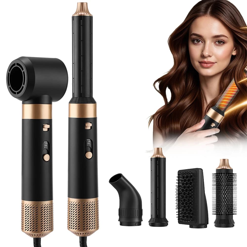 Spazzola ad Aria Calda 6 in 1, Asciugacapelli Multifunzione, Styler ad Aria Calda con Ioni Negativi, Arricciacapelli e Piastra Lisciante in un Unico Passaggio, Volumizzatore, Pettine Riscaldato