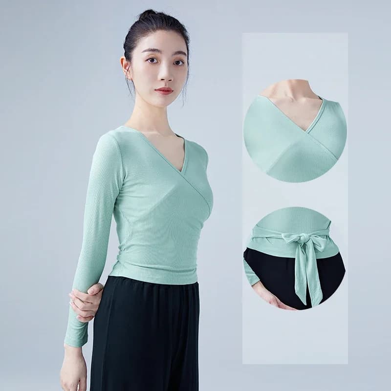 Top da balletto per ragazza da donna, fasciatura lavorata a maglia, scollo a V, manica lunga, abbigliamento da ballo, abbigliamento da allenamento autunnale, costumi di danza