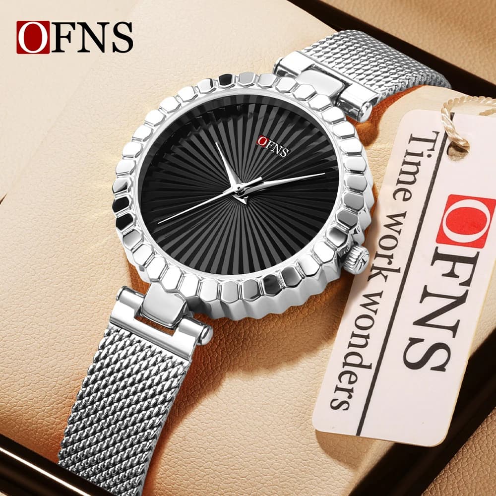 OFNS 1643 Brand Original Classic Watches, New Fashionable Women's Watches with Quartz Movement, Geometric Dial, Net Leather Strap