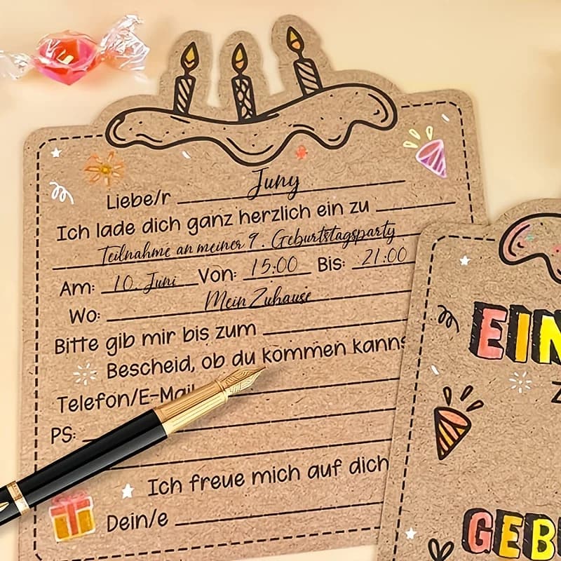 12 biglietti d'invito di compleanno tedeschi: carta kraft fai da te fatti a mano, disegni festivi per ragazzi e ragazze (Natale/Capodanno)