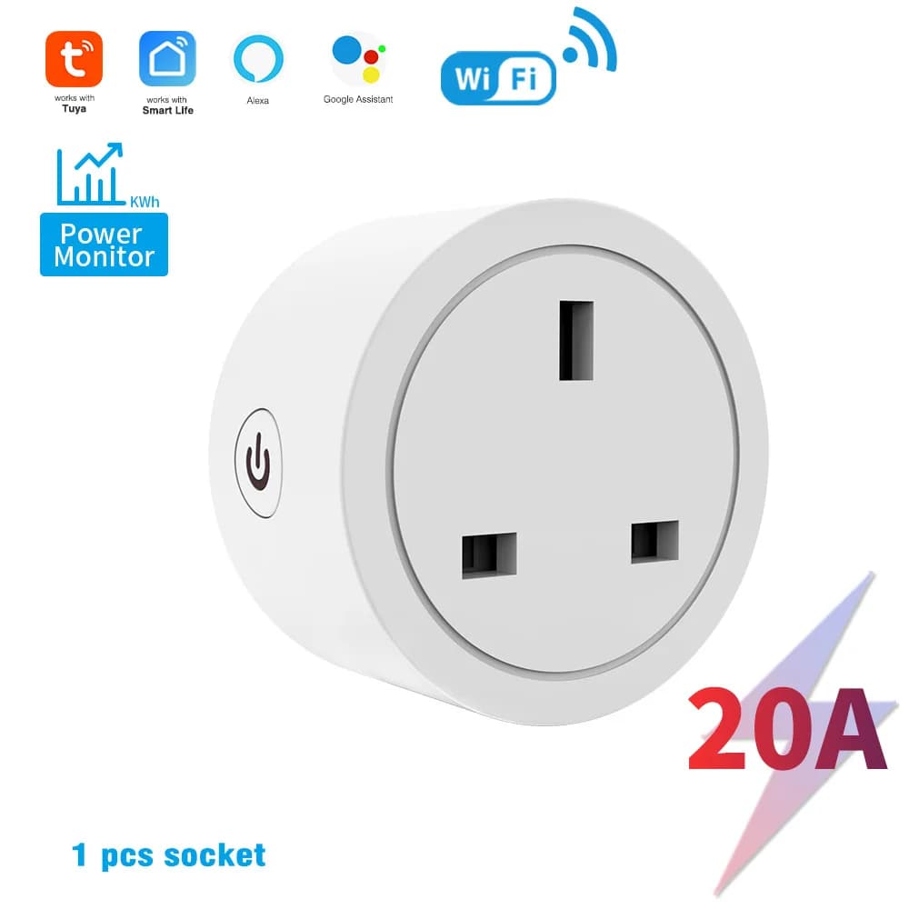 Presa intelligente Tuya WiFi UK 16A/20A con monitoraggio della potenza, controllo remoto tramite app Smart Life, compatibile con Alexa.